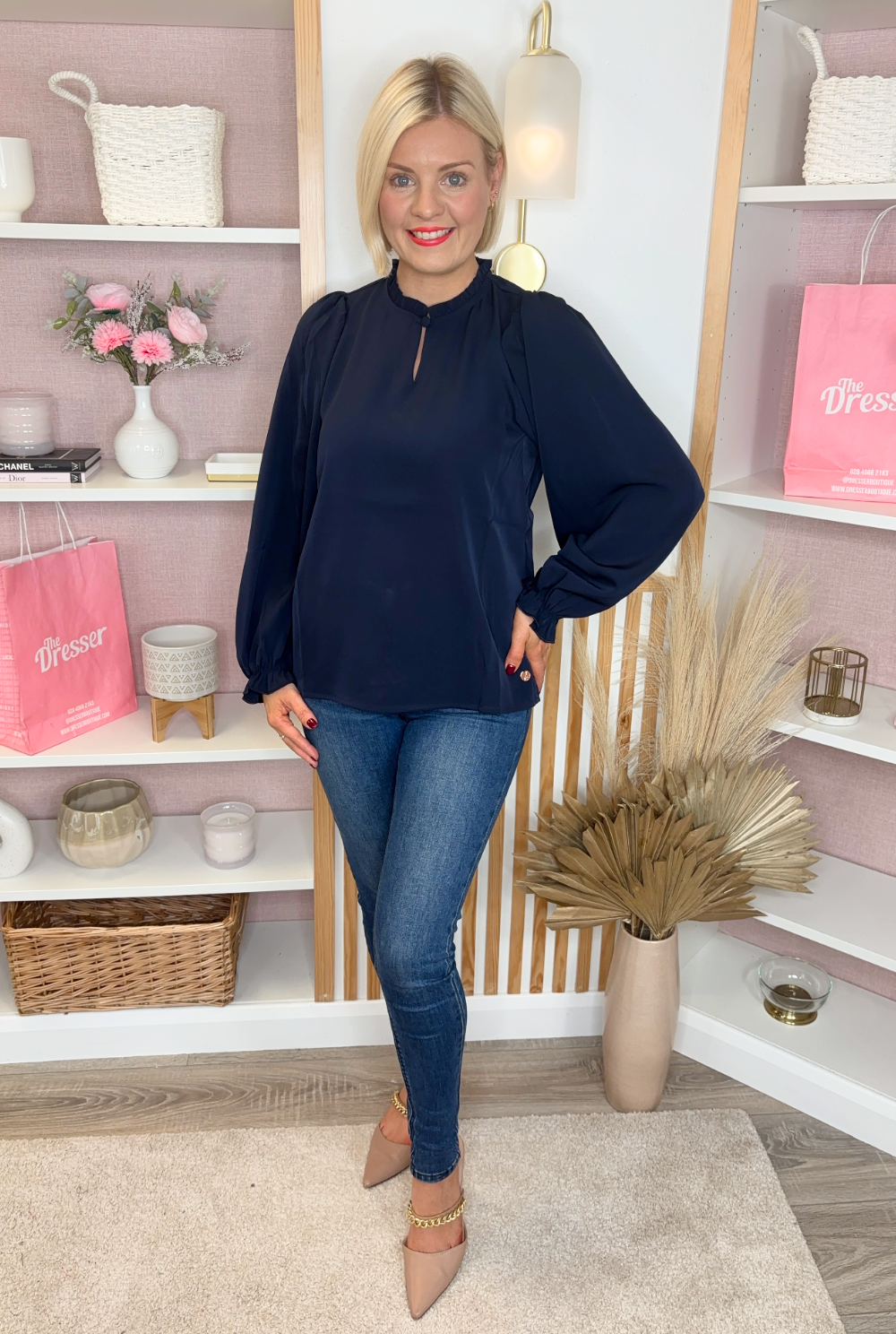 Balloon Sleeve Blouse (Navy)