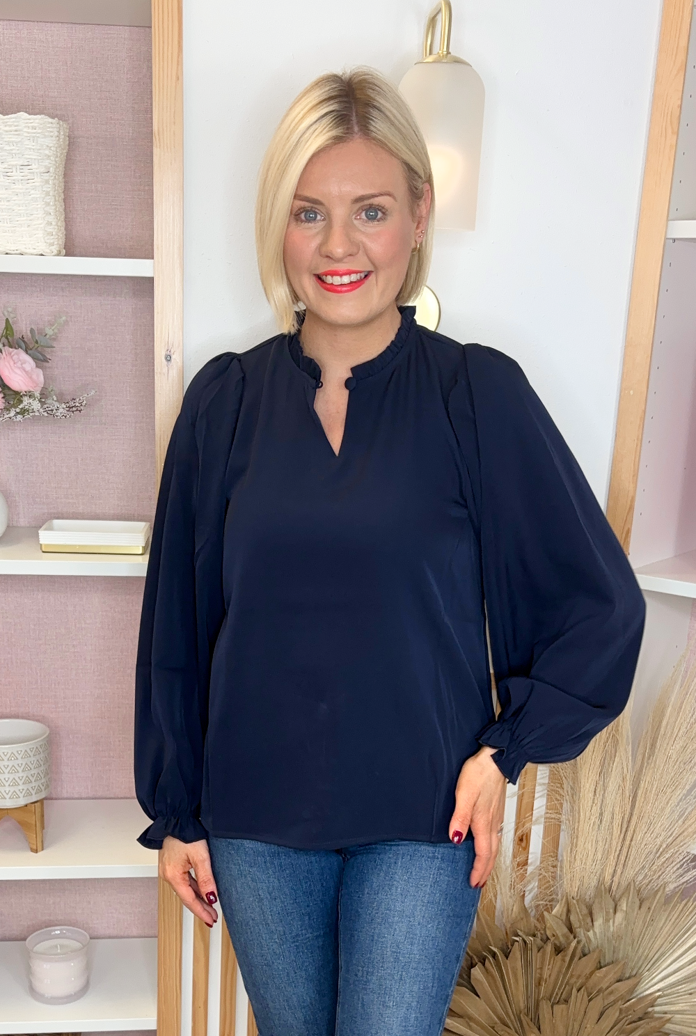 Balloon Sleeve Blouse (Navy)