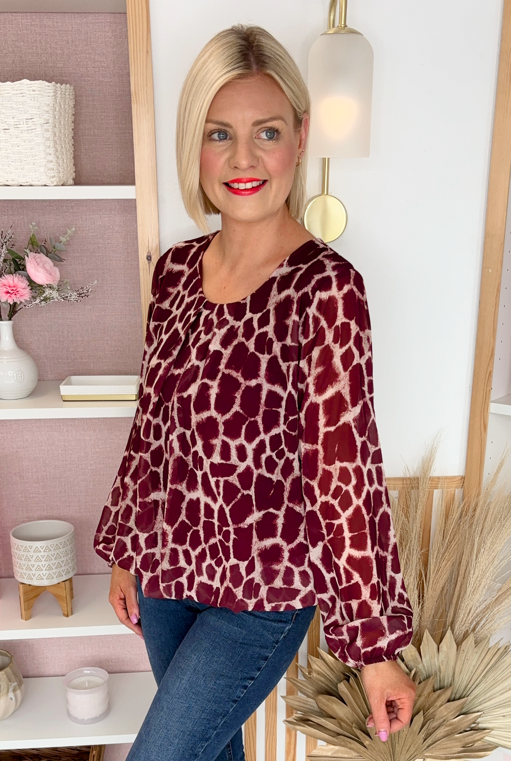 Giraffe Print Blouse (Burgundy)