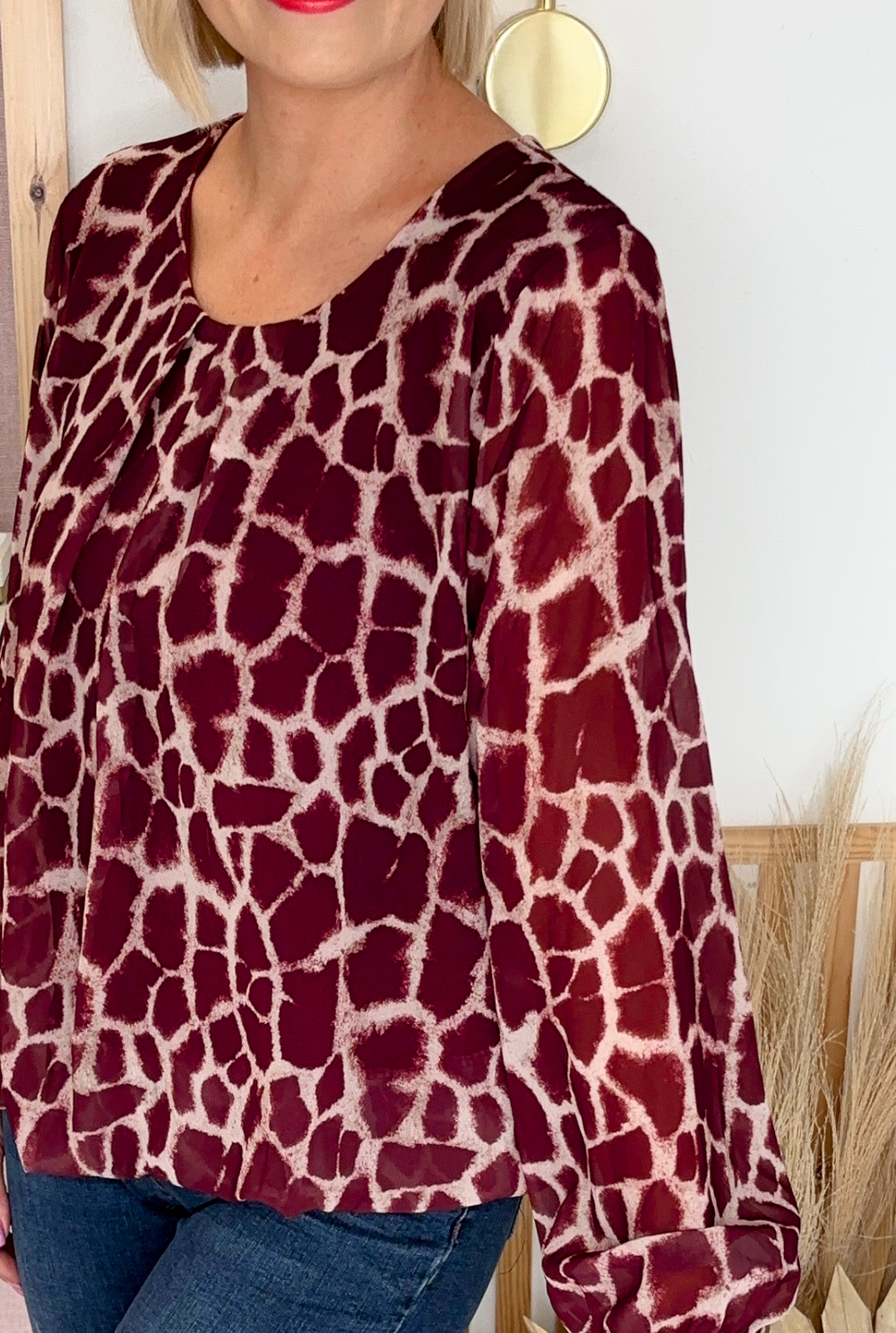Giraffe Print Blouse (Burgundy)