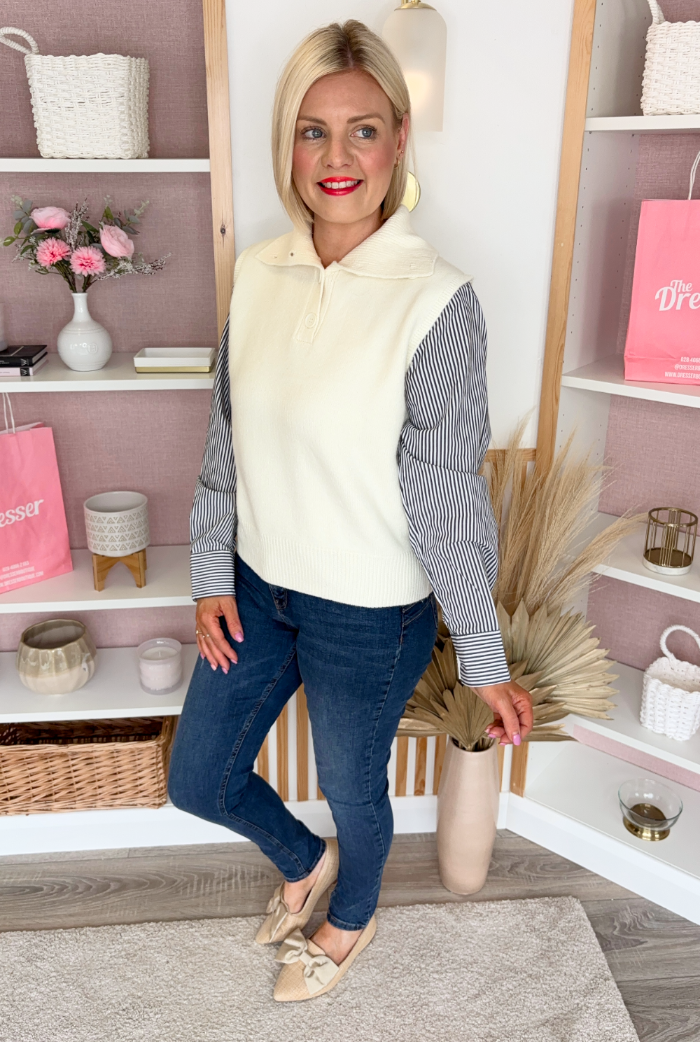 Knit Sweater With Shirt Insert (Cream)