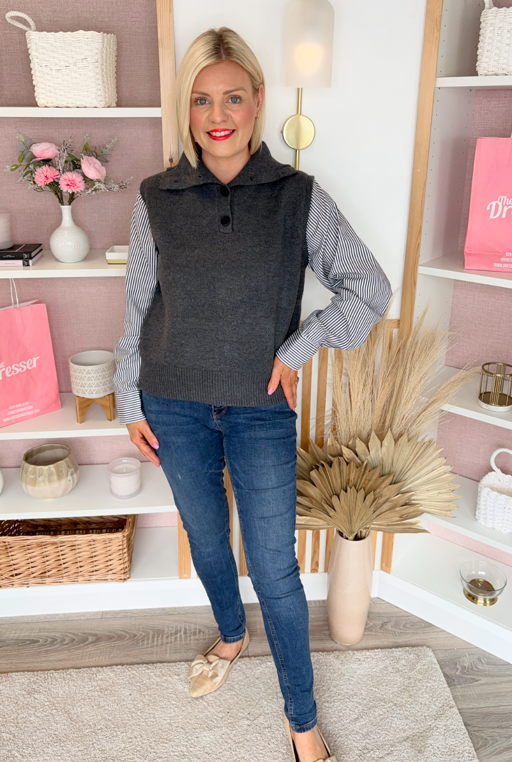 Knit Sweater With Shirt Insert (Grey)