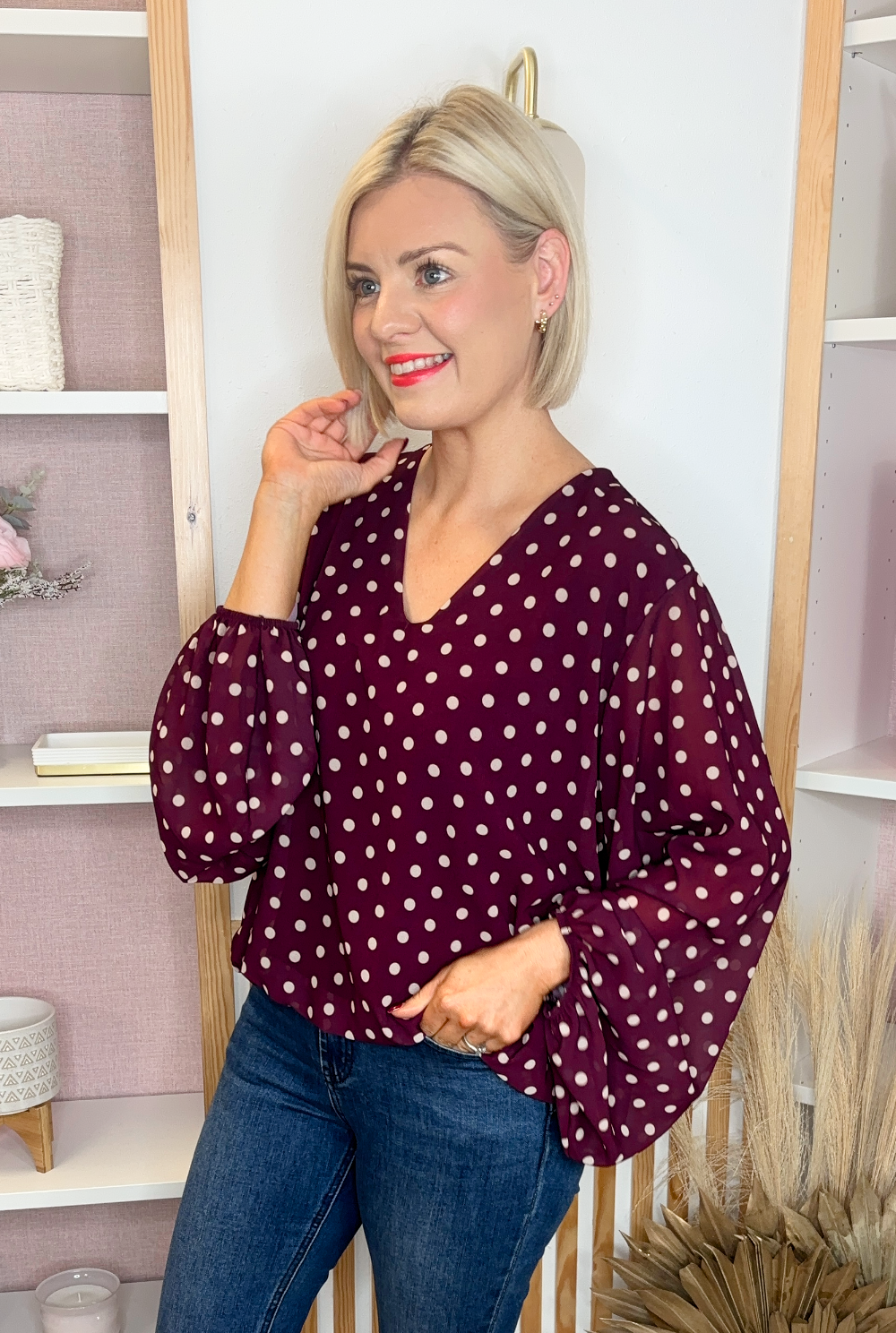 Polka Dot Blouse (Burgundy)