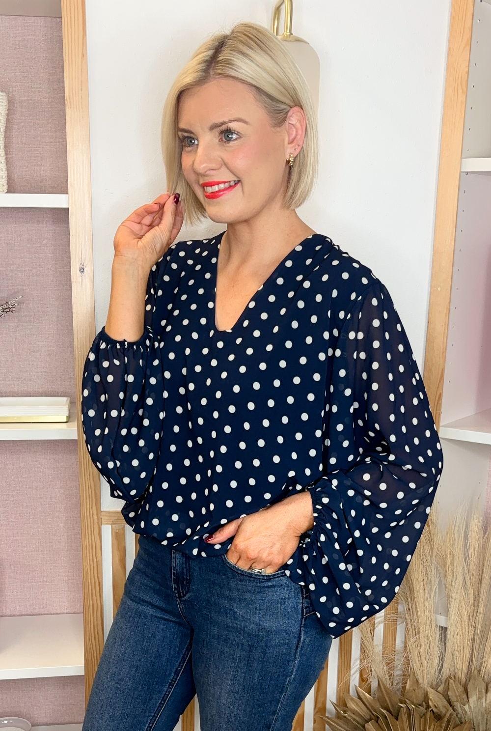 Polka Dot Blouse (Navy)