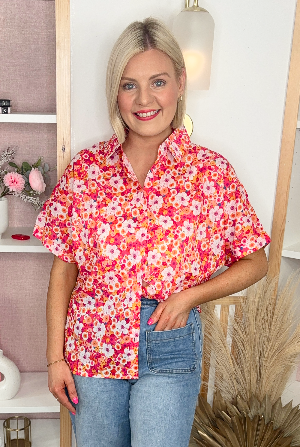 Caitlin Floral Shirt (Coral)