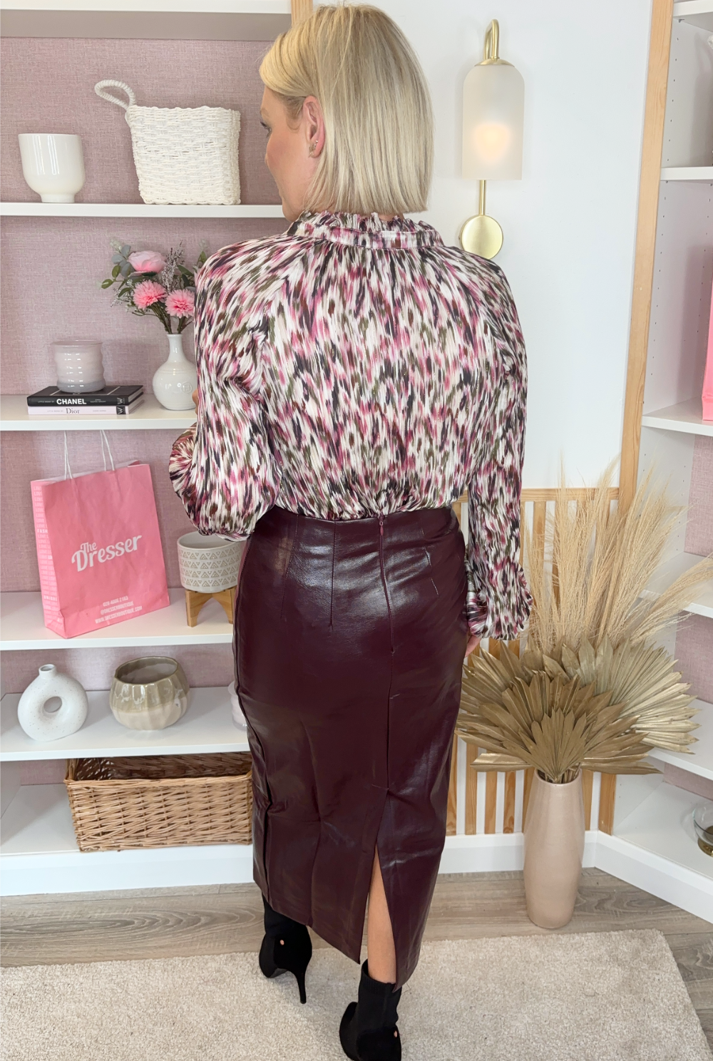 Faux Leather Midi Skirt (Berry)