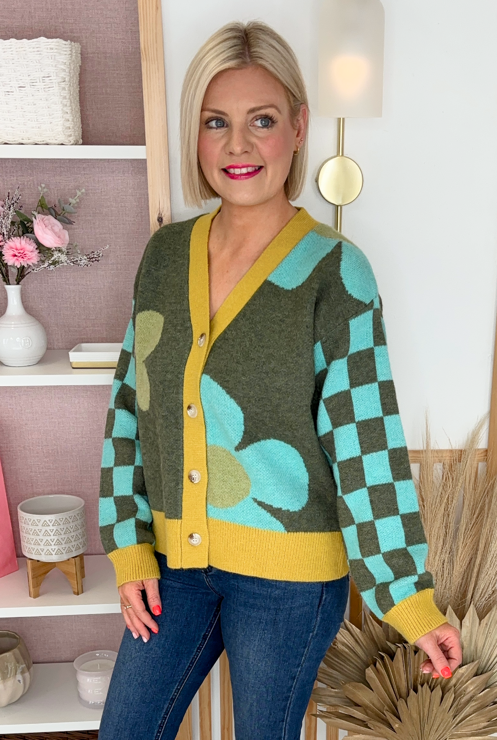 Flower Power Cardigan (Khaki/Mustard)