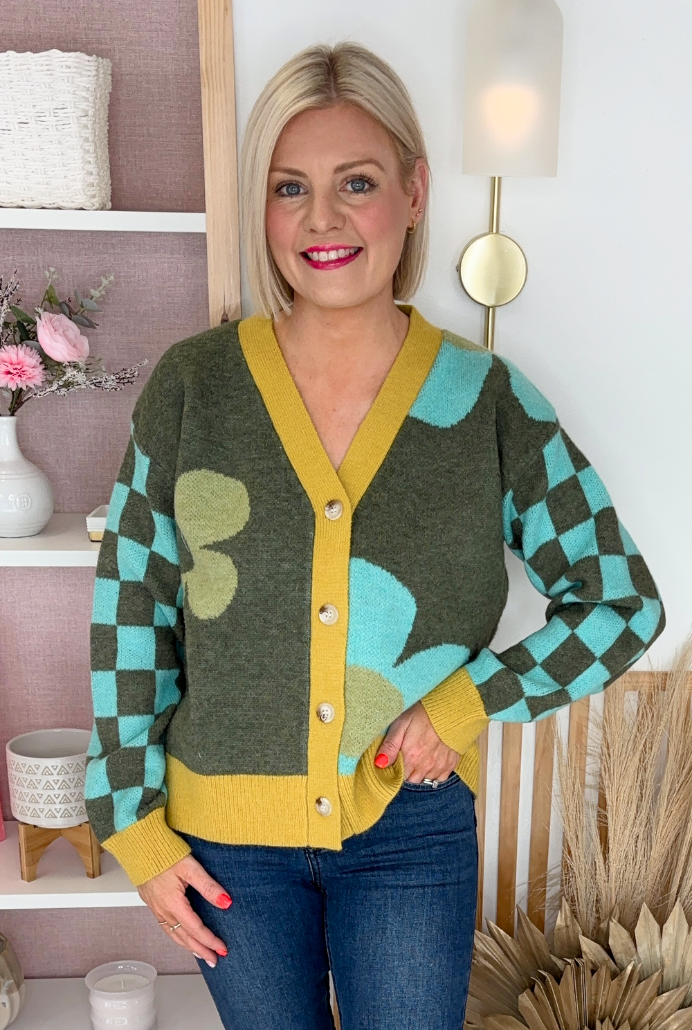 Flower Power Cardigan (Khaki/Mustard)