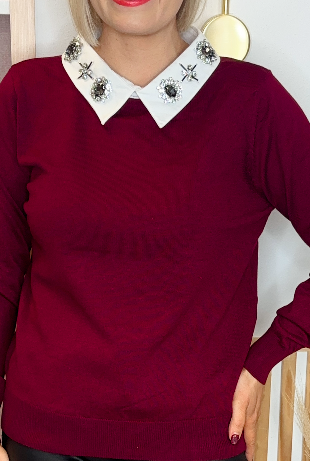 Jewelled Collared Knit (Burgundy)