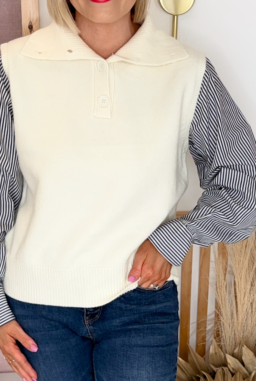 Knit Sweater With Shirt Insert (Cream)