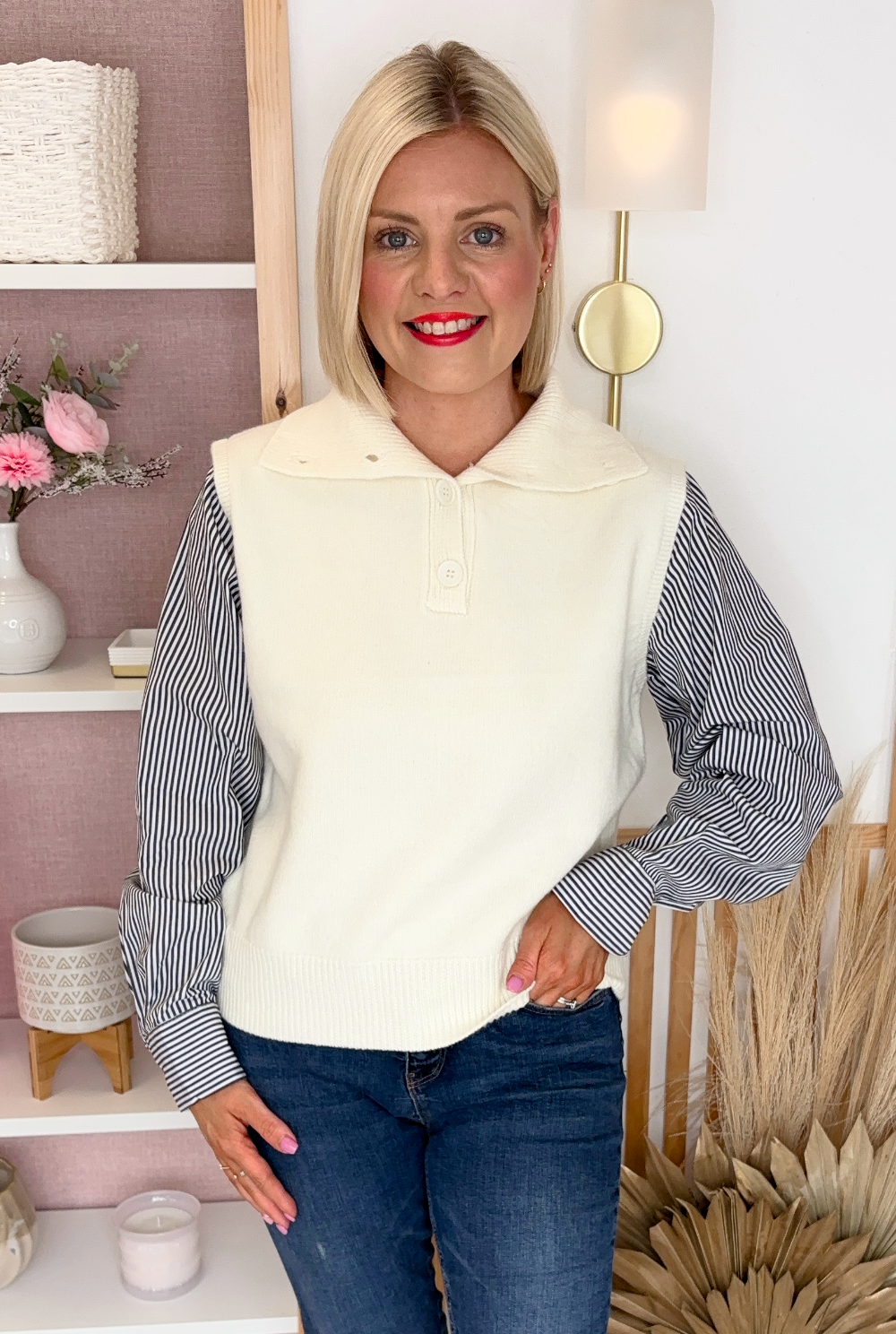 Knit Sweater With Shirt Insert (Cream)