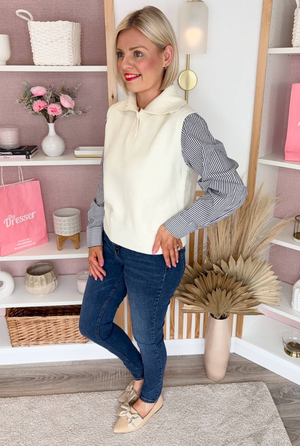 Knit Sweater With Shirt Insert (Cream)