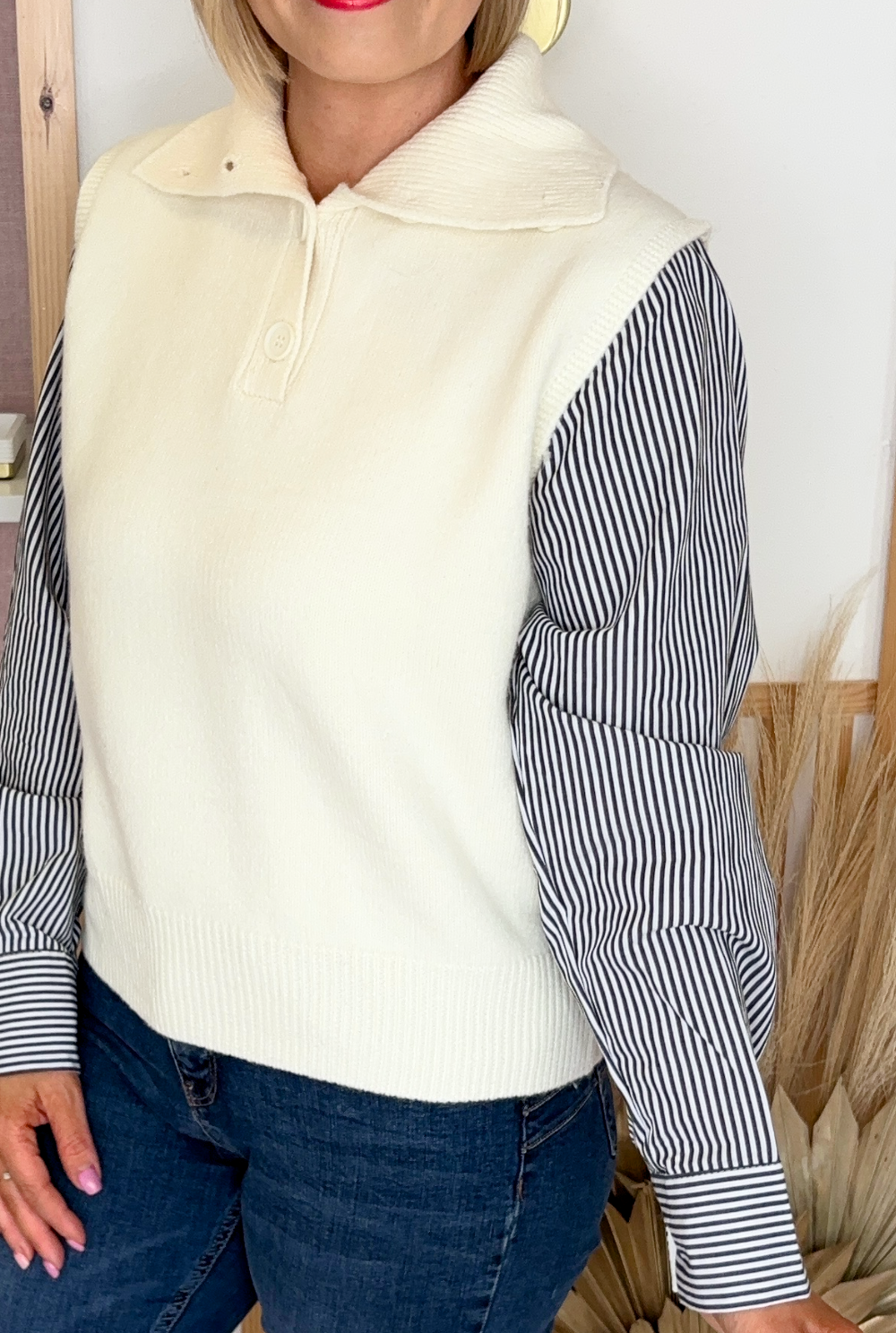 Knit Sweater With Shirt Insert (Cream)