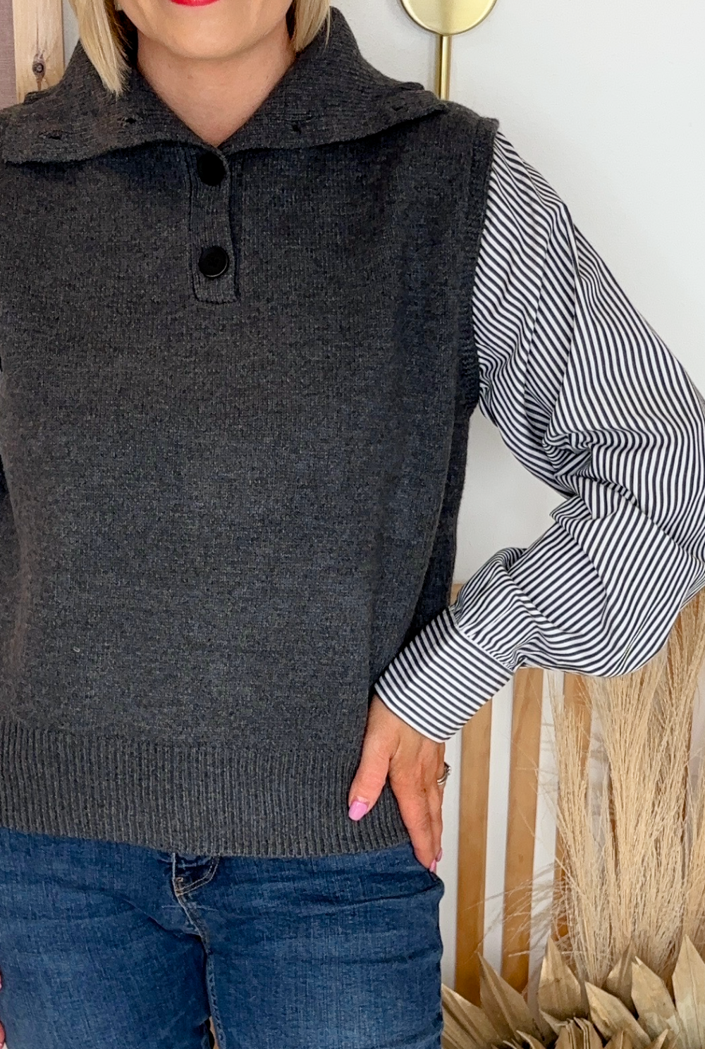 Knit Sweater With Shirt Insert (Grey)