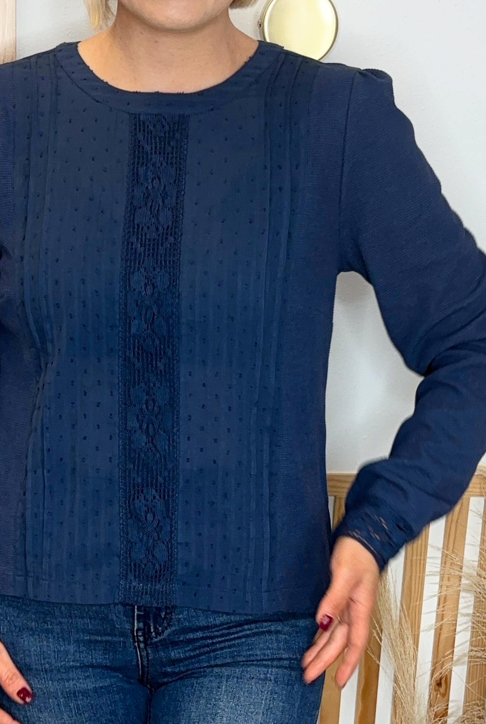 Navy Waffle Embroidered Blouse