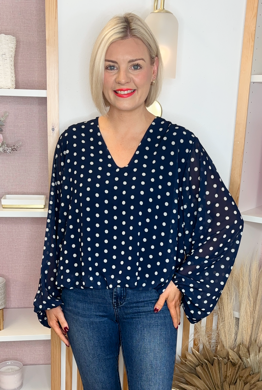 Polka Dot Blouse (Navy)