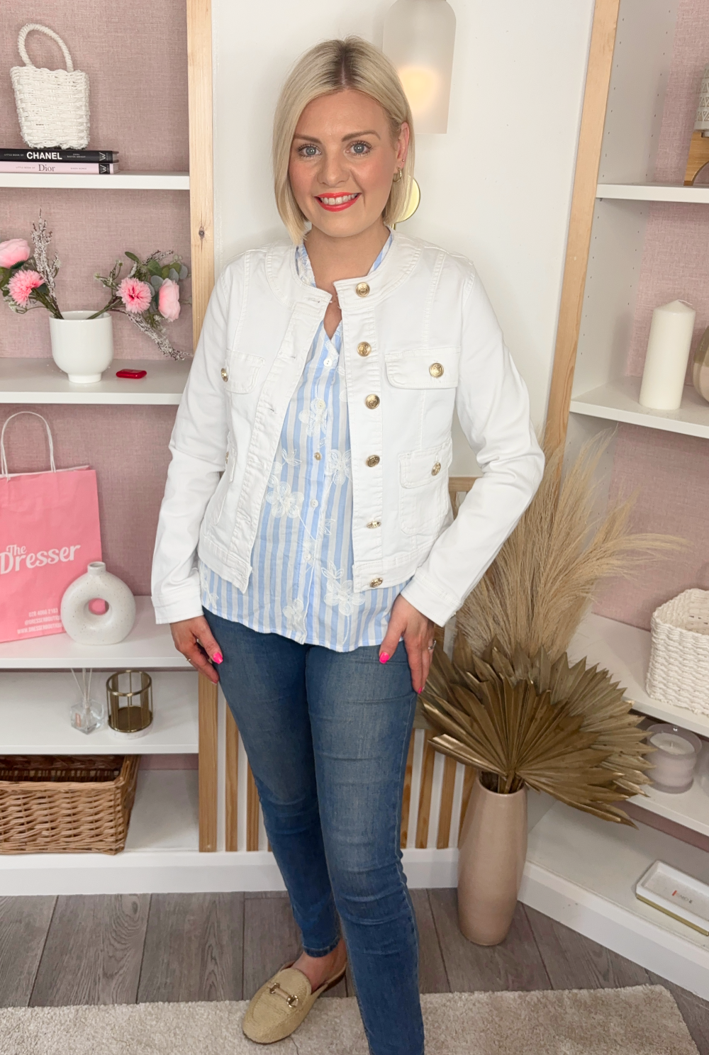 White Collarless Denim Jacket